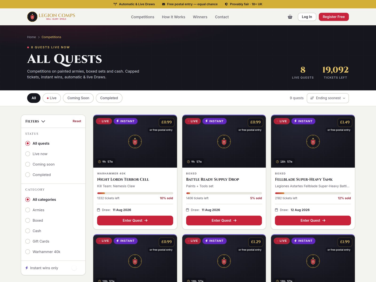Legion Comps competition listing page showing live competitions with ticket prices, sold percentages and draw dates