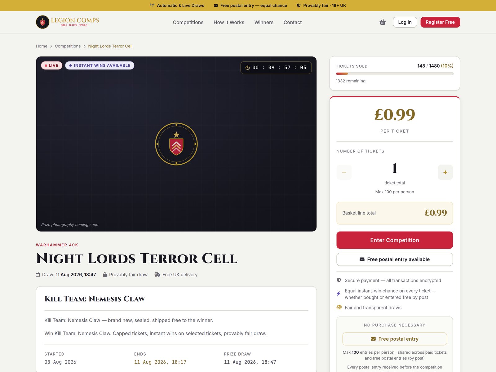Legion Comps competition page showing the prize, live countdown, ticket selector, tickets sold progress and the free postal entry option