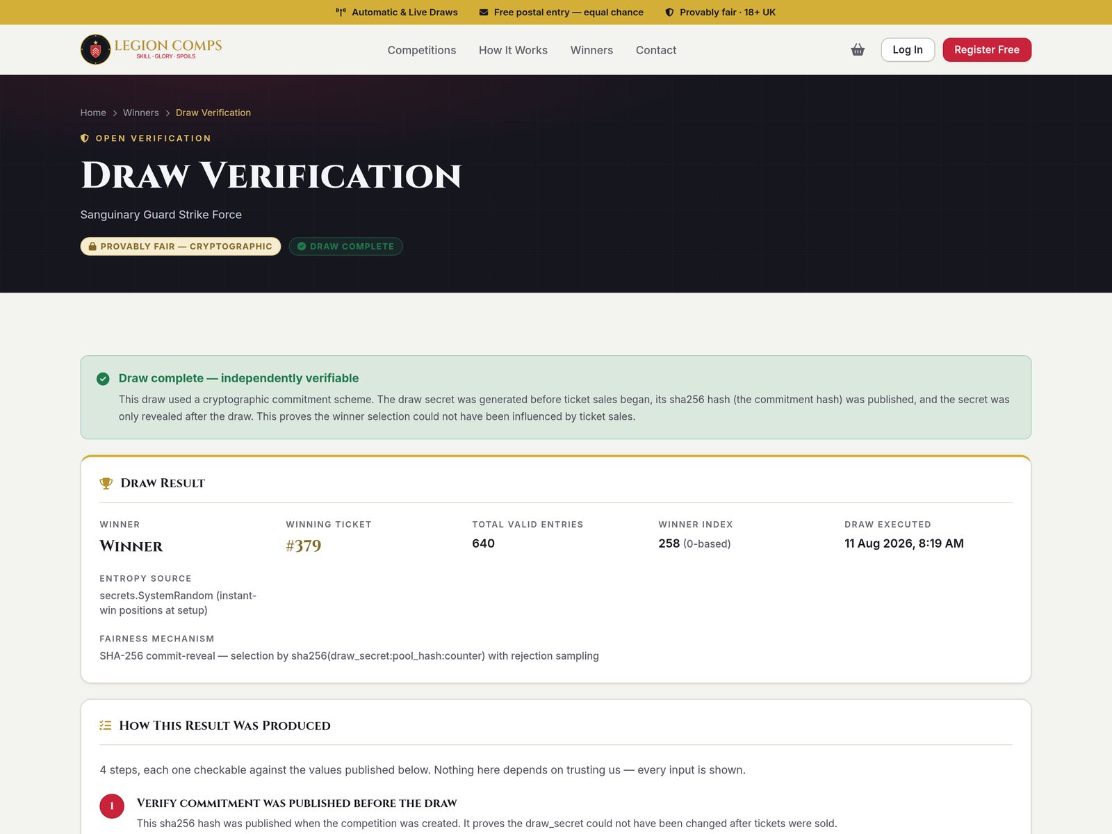 Legion Comps draw verification page showing the winning ticket, entry count, commitment hash and the four steps needed to reproduce the result